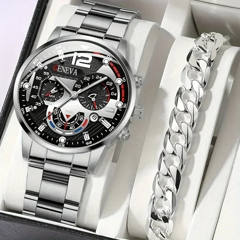 2pcs Stylish Round Face Quartz Watch Set for Men