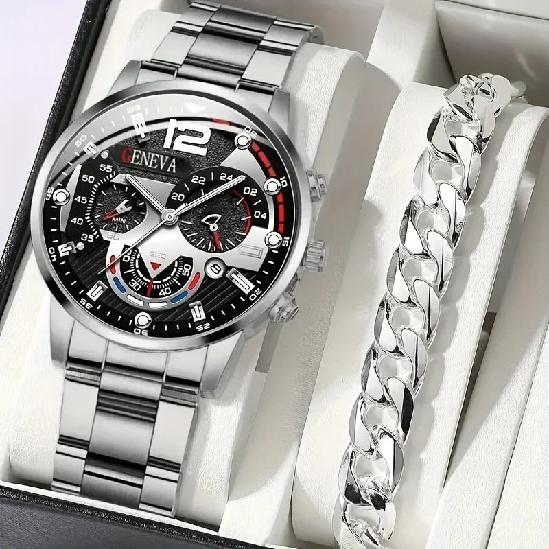 2pcs Stylish Round Face Quartz Watch Set for Men
