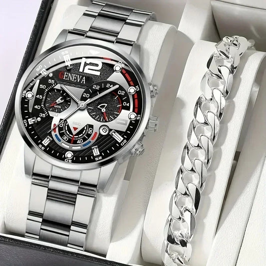 2pcs Stylish Round Face Quartz Watch Set for Men